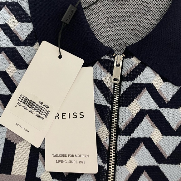 Reiss Egon Geometric Zip Neck Polo Shirt, Blue - Picture 5 of 6